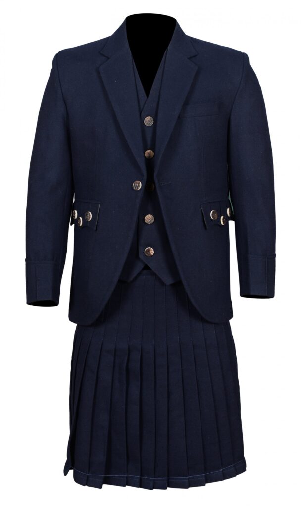 Navy wool Argyle kilt jacket with waistcoat and kilt